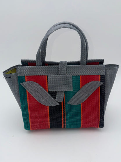 Arabian Medium  handwoven tote bag by SCRUBIES in Gray,Green,Red,Black with Block design and Leaf accent pattern