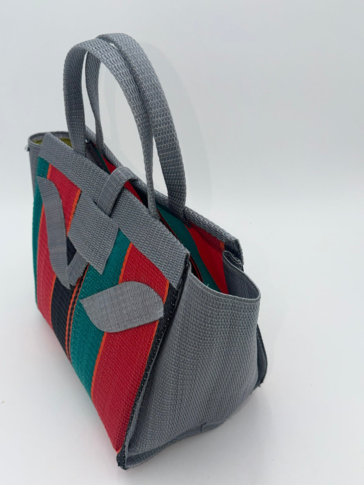 Arabian Medium  handwoven tote bag by SCRUBIES in Gray,Green,Red,Black with Block design and Leaf accent pattern