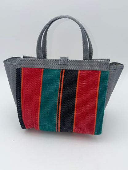 Arabian Medium  handwoven tote bag by SCRUBIES in Gray,Green,Red,Black with Block design and Leaf accent pattern