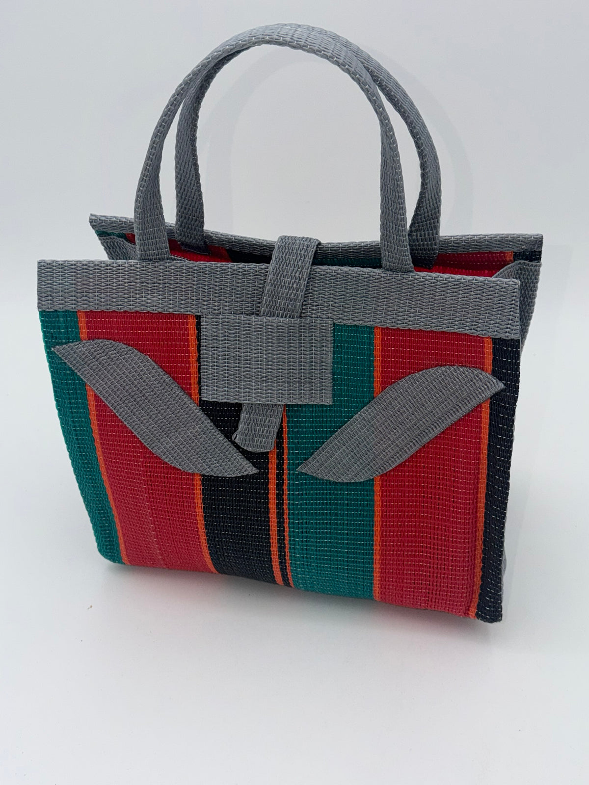 Arabian Medium  handwoven tote bag by SCRUBIES in Gray,Green,Red,Black with Block design and Leaf accent pattern