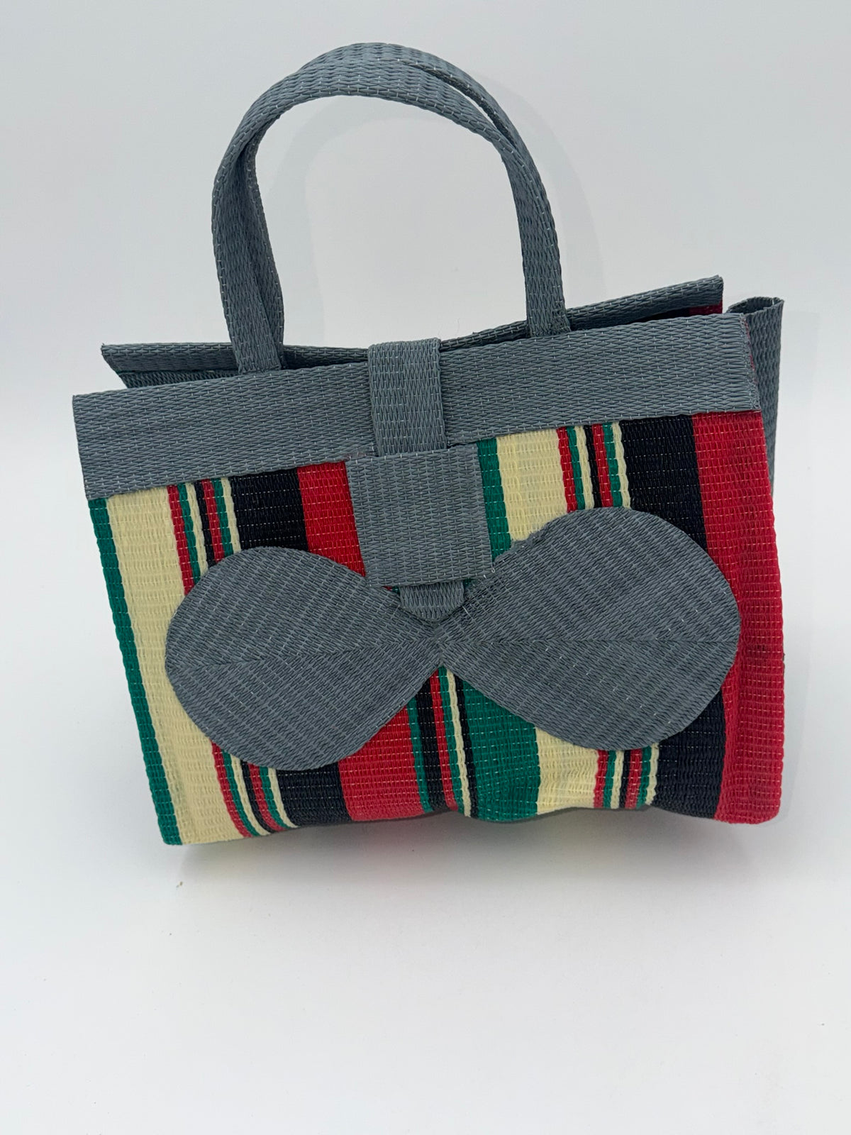 Arabian Medium  handwoven tote bag by SCRUBIES in Gray,Green,Red,Black with Block design and Leaf accent pattern
