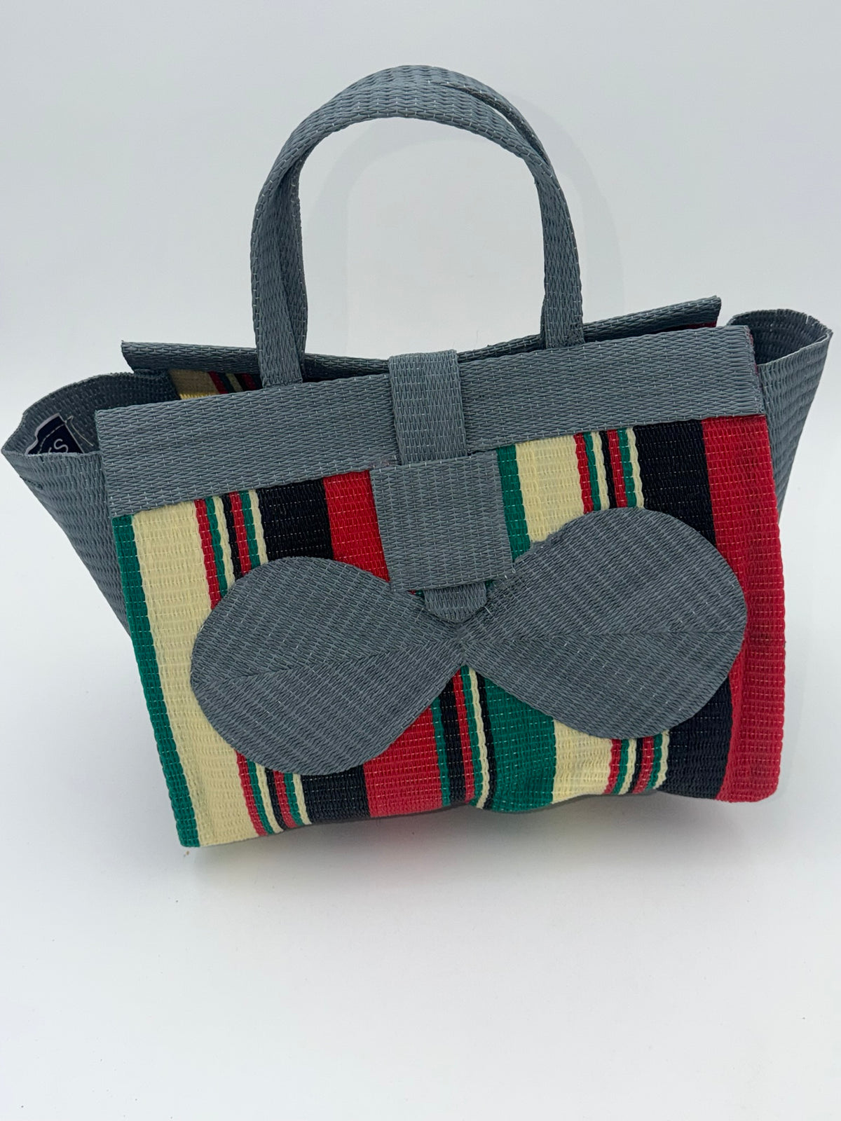 Arabian Medium  handwoven tote bag by SCRUBIES in Gray,Green,Red,Black with Block design and Leaf accent pattern