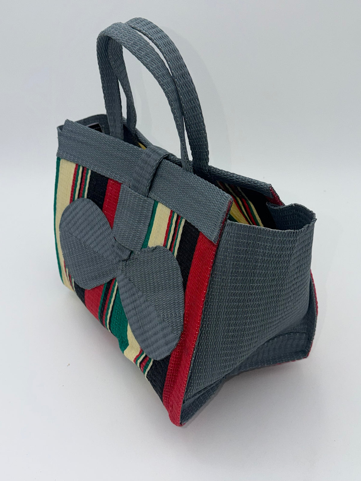 Arabian Medium  handwoven tote bag by SCRUBIES in Gray,Green,Red,Black with Block design and Leaf accent pattern