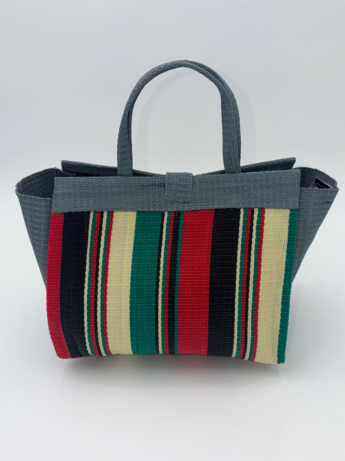 Arabian Medium  handwoven tote bag by SCRUBIES in Gray,Green,Red,Black with Block design and Leaf accent pattern