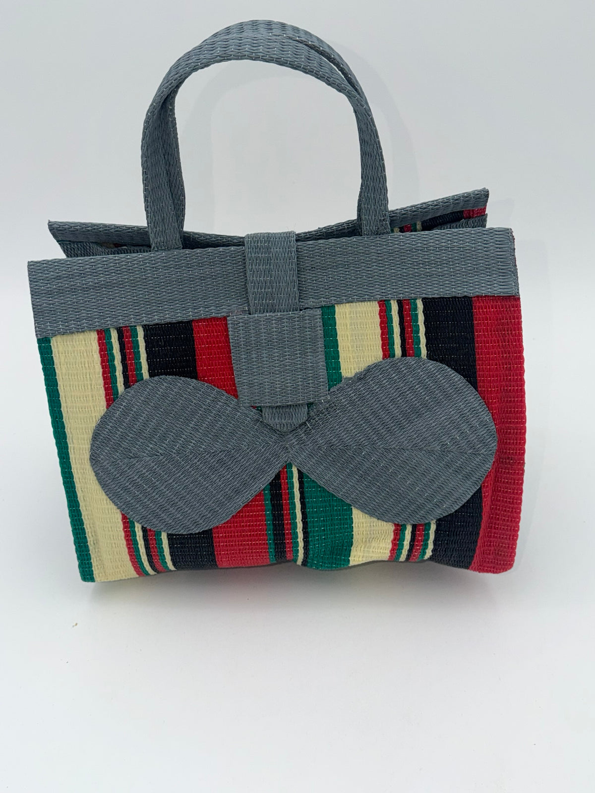 Arabian Medium  handwoven tote bag by SCRUBIES in Gray,Green,Red,Black with Block design and Leaf accent pattern