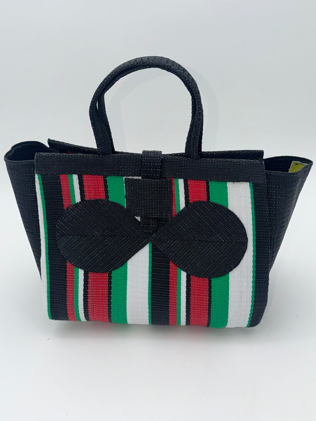 Arabian Medium  handwoven tote bag by SCRUBIES in Black,Green,White,Red, with Stripes design and Bow accent pattern