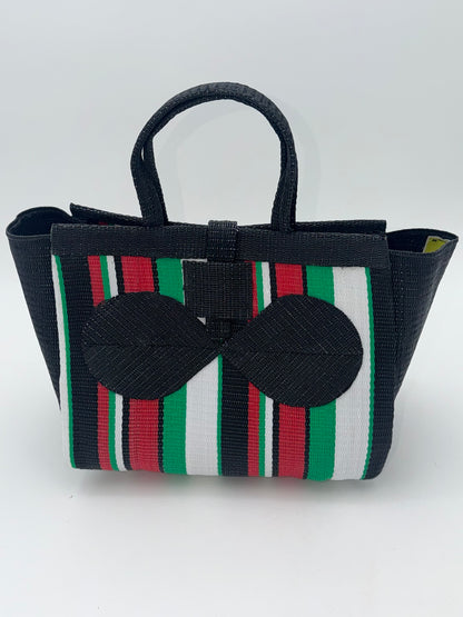 Arabian Medium  handwoven tote bag by SCRUBIES in Black,Green,White,Red, with Stripes design and Bow accent pattern