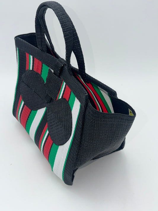 Arabian Medium  handwoven tote bag by SCRUBIES in Black,Green,White,Red, with Stripes design and Bow accent pattern