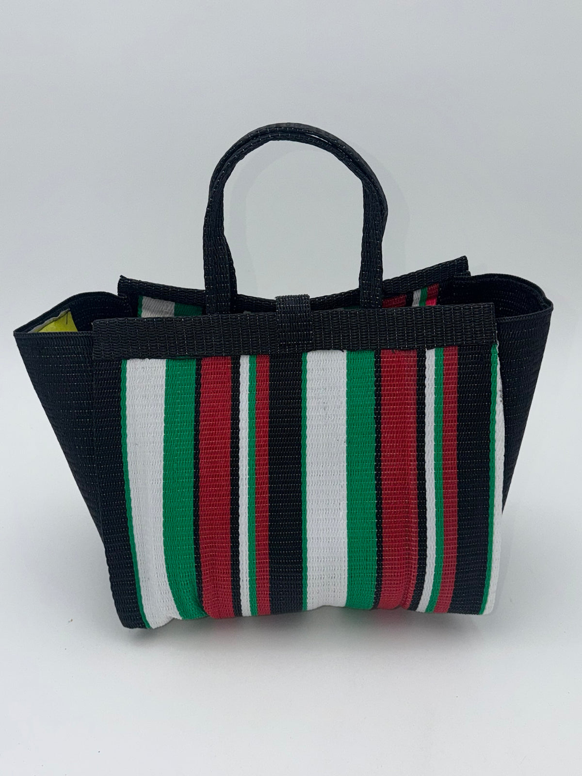 Arabian Medium  handwoven tote bag by SCRUBIES in Black,Green,White,Red, with Stripes design and Bow accent pattern