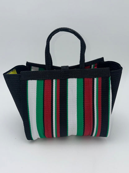 Arabian Medium  handwoven tote bag by SCRUBIES in Black,Green,White,Red, with Stripes design and Bow accent pattern