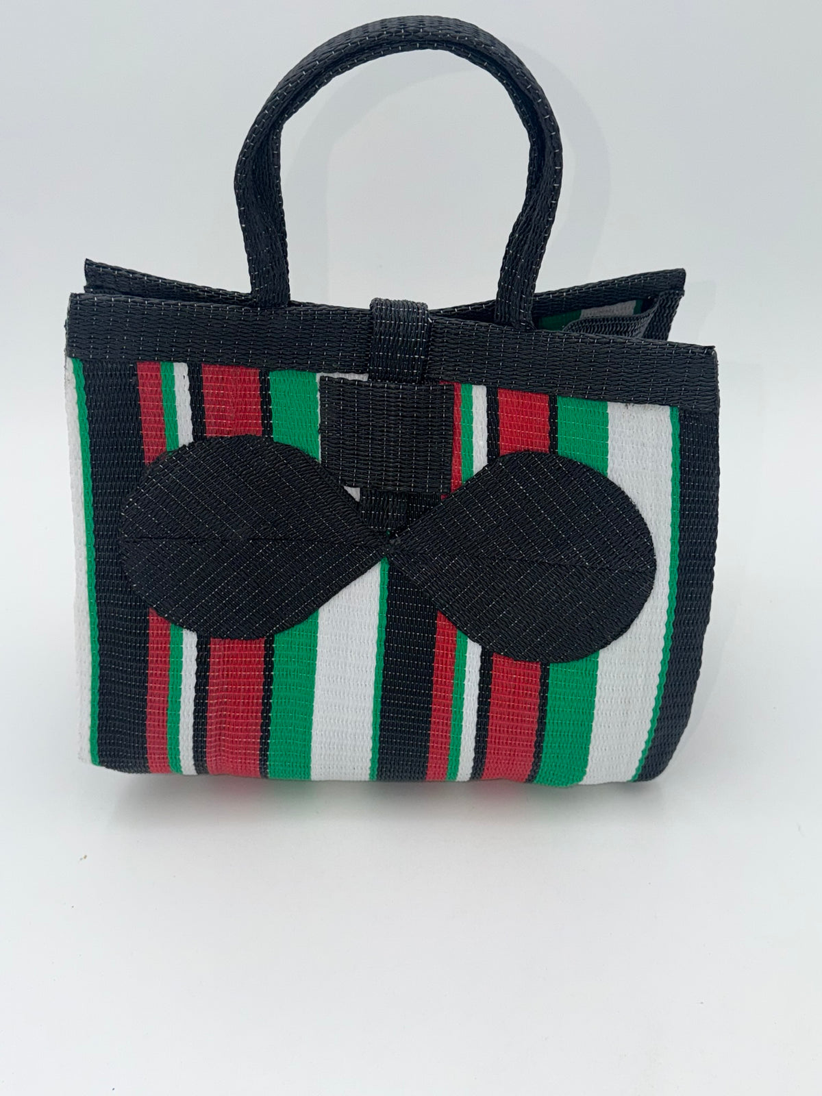 Arabian Medium  handwoven tote bag by SCRUBIES in Black,Green,White,Red, with Stripes design and Bow accent pattern