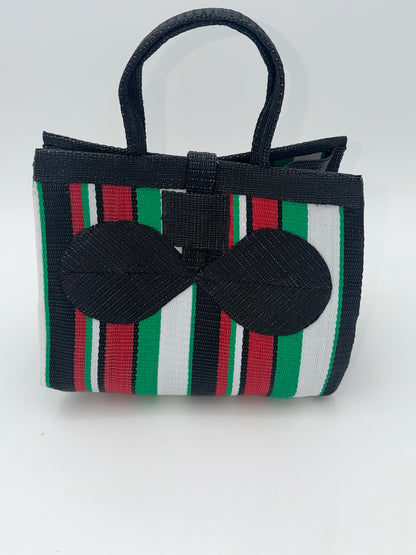 Arabian Medium  handwoven tote bag by SCRUBIES in Black,Green,White,Red, with Stripes design and Bow accent pattern