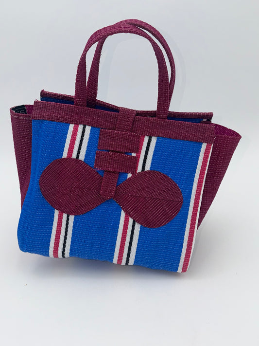 Lagoon Medium  handwoven tote bag by SCRUBIES in Wine,Blue,White with Stripes design and Bow accent pattern