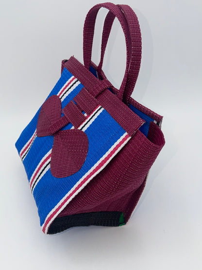 Lagoon Medium  handwoven tote bag by SCRUBIES in Wine,Blue,White with Stripes design and Bow accent pattern