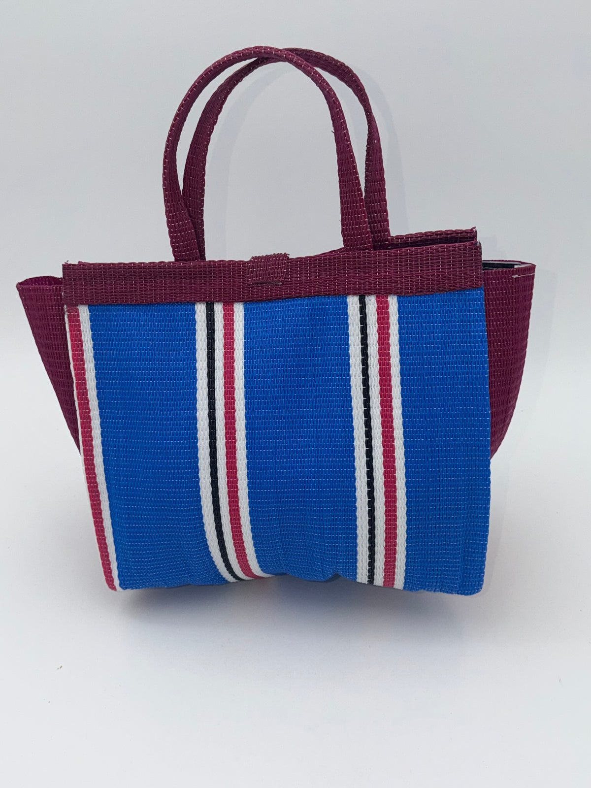 Lagoon Medium  handwoven tote bag by SCRUBIES in Wine,Blue,White with Stripes design and Bow accent pattern