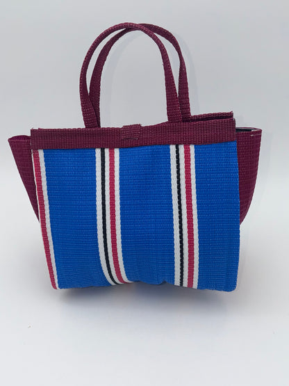 Lagoon Medium  handwoven tote bag by SCRUBIES in Wine,Blue,White with Stripes design and Bow accent pattern