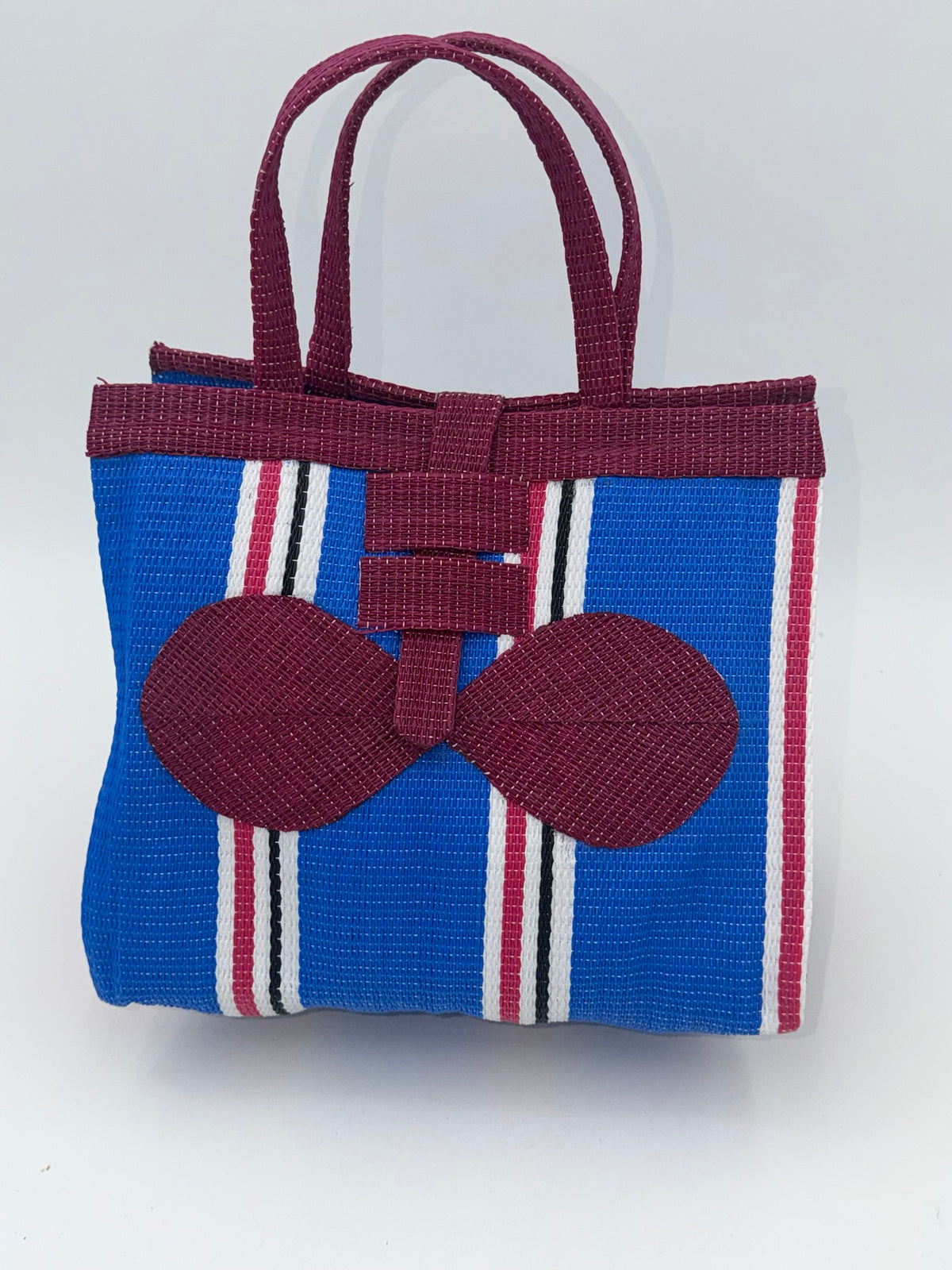 Lagoon Medium  handwoven tote bag by SCRUBIES in Wine,Blue,White with Stripes design and Bow accent pattern
