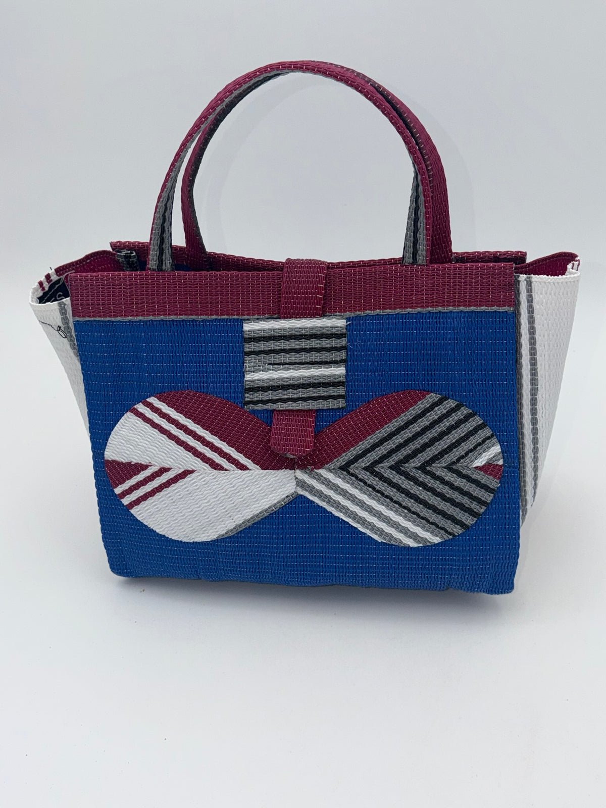 Lagoon Medium  handwoven tote bag by SCRUBIES in Blue,Wine,White,Gray with Solid design and Bow accent pattern