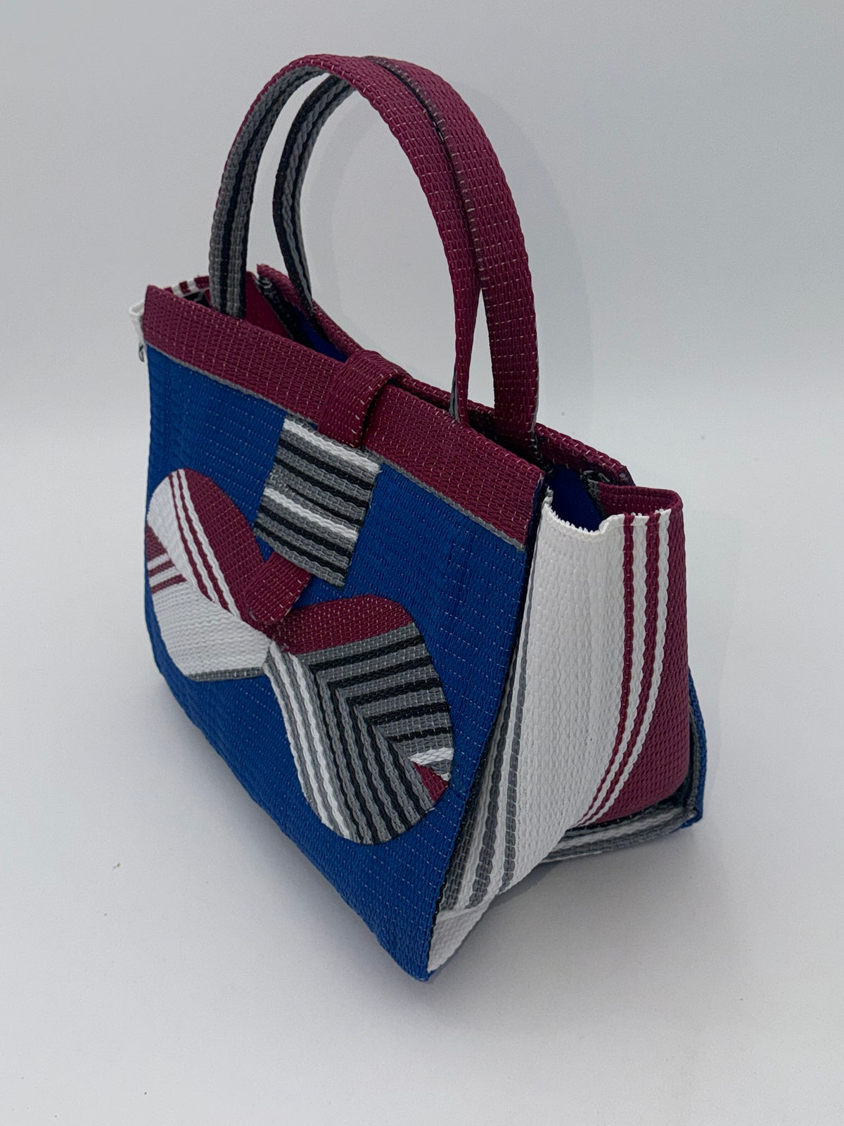Lagoon Medium  handwoven tote bag by SCRUBIES in Blue,Wine,White,Gray with Solid design and Bow accent pattern