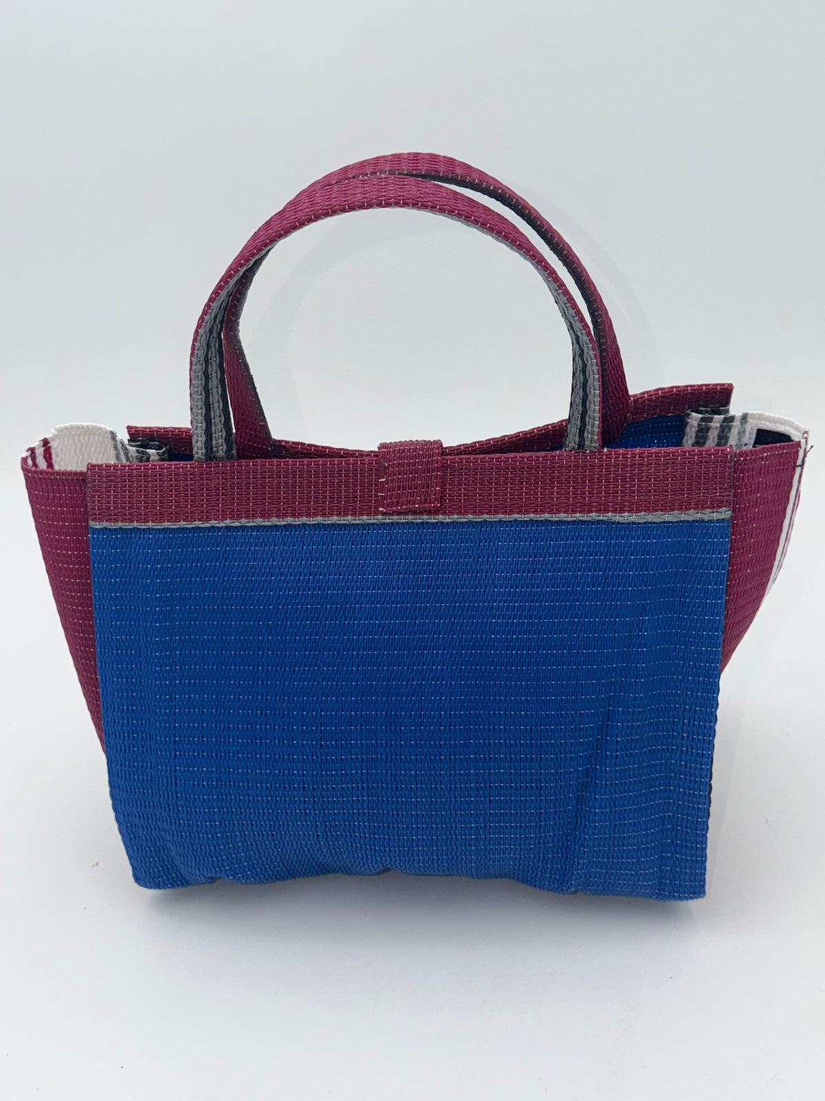 Lagoon Medium  handwoven tote bag by SCRUBIES in Blue,Wine,White,Gray with Solid design and Bow accent pattern