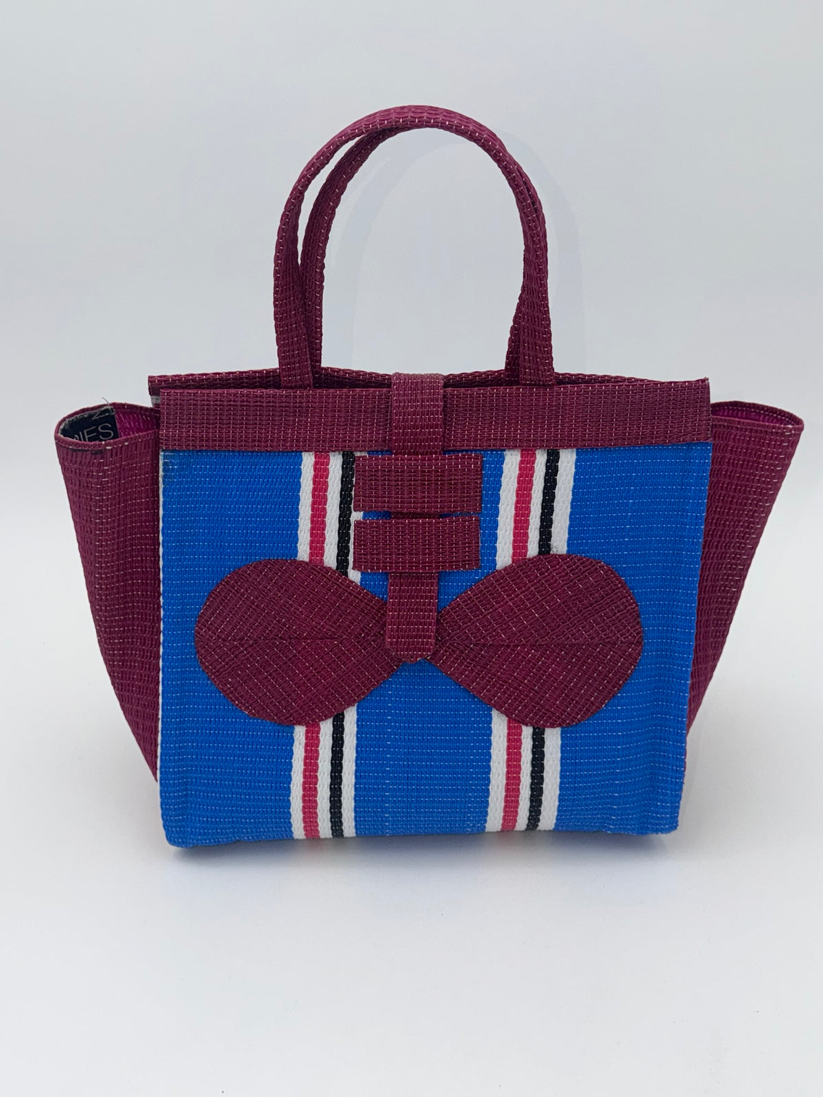 Lagoon Medium  handwoven tote bag by SCRUBIES in Wine,Blue,White with Stripes design and Bow accent pattern