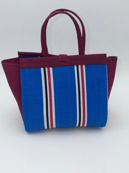 Lagoon Medium  handwoven tote bag by SCRUBIES in Wine,Blue,White with Stripes design and Bow accent pattern