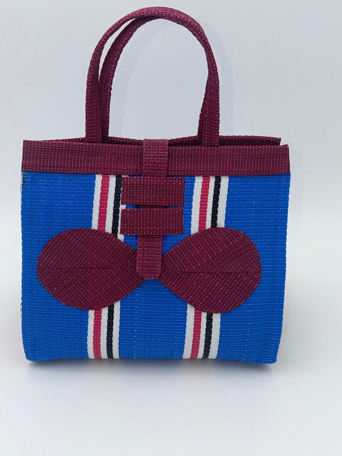 Lagoon Medium  handwoven tote bag by SCRUBIES in Wine,Blue,White with Stripes design and Bow accent pattern