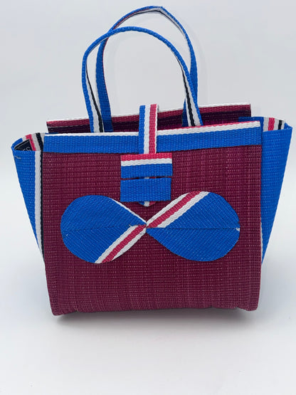 Winery Medium  handwoven tote bag by SCRUBIES in Wine,Blue,White with Solid design and Bow accent pattern