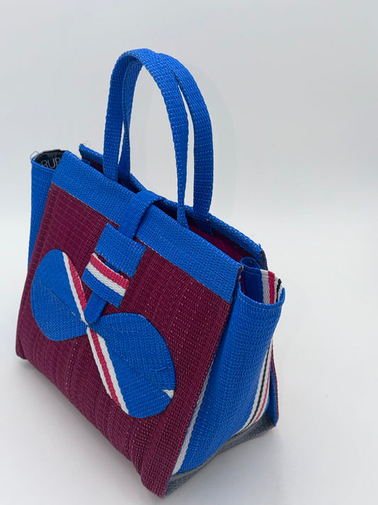 Winery Medium  handwoven tote bag by SCRUBIES in Wine,Blue,White with Solid design and Bow accent pattern