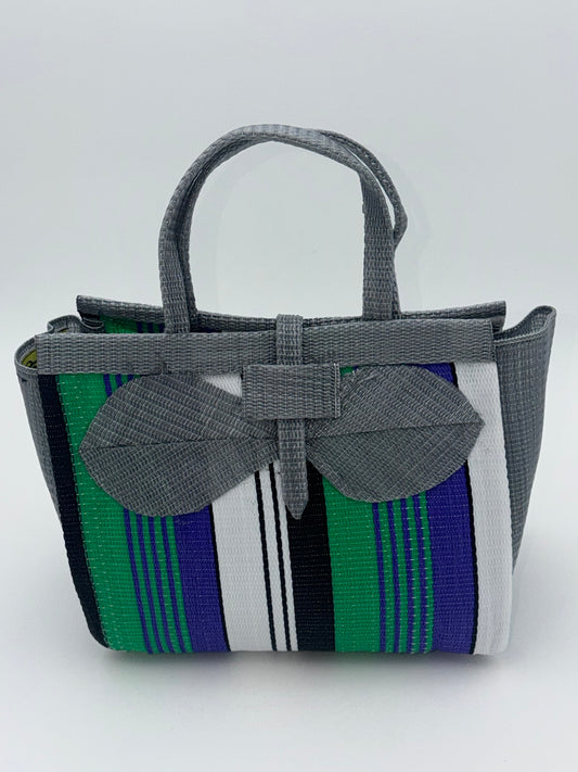 Lavender Medium  handwoven tote bag by SCRUBIES in Gray,Green,White,Blue,Black with Stripes design and Bow accent pattern