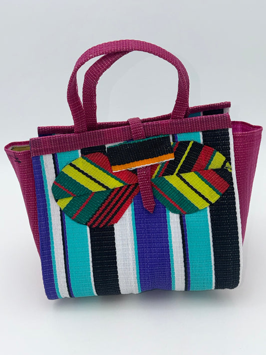 Lavender Medium  handwoven tote bag by SCRUBIES in Wine,Teal,Black,White with Stripes design and Bow accent pattern