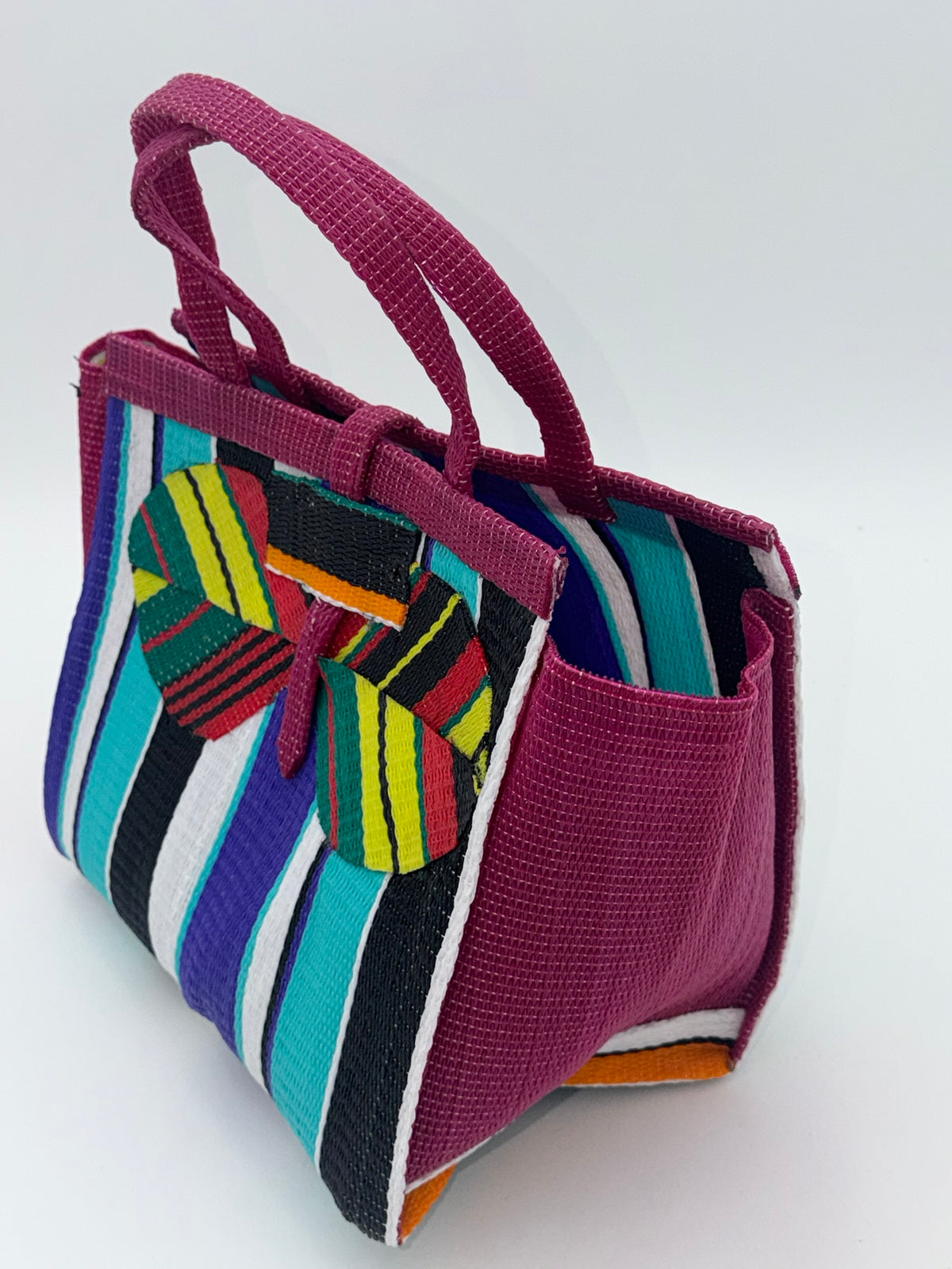 Lavender Medium  handwoven tote bag by SCRUBIES in Wine,Teal,Black,White with Stripes design and Bow accent pattern