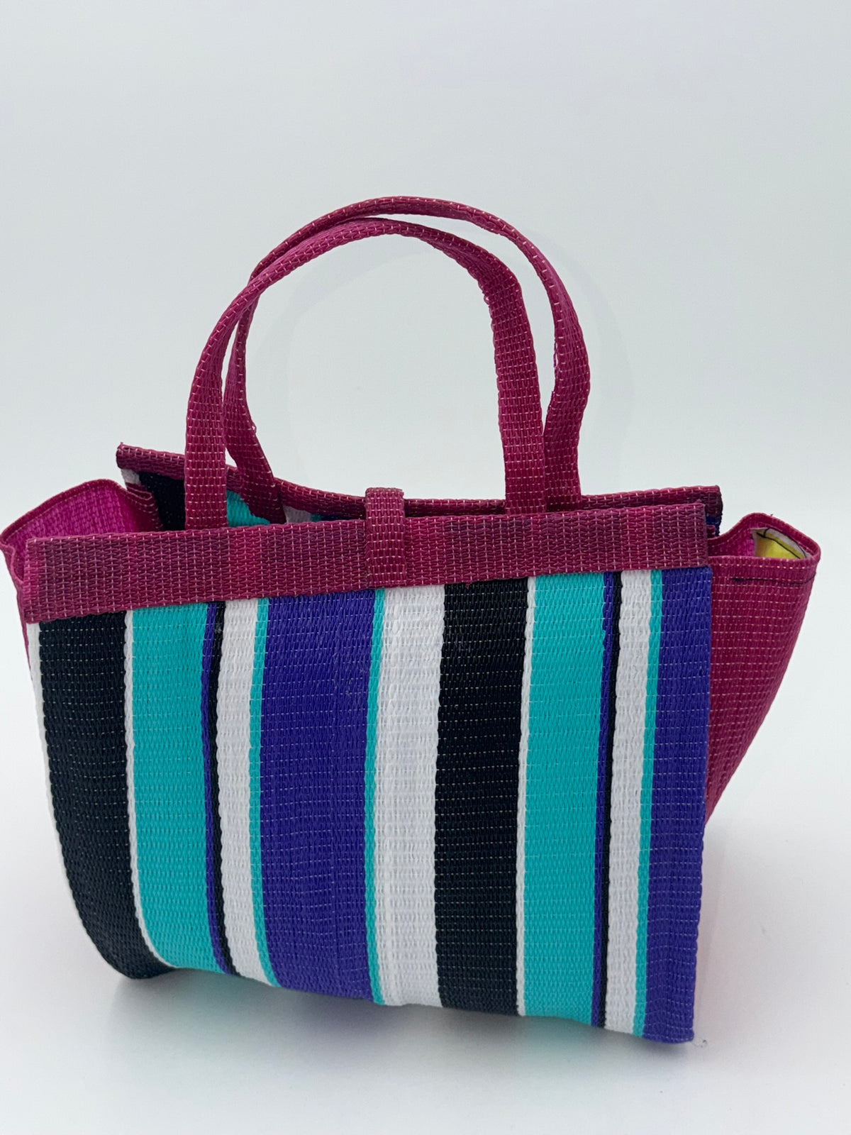 Lavender Medium  handwoven tote bag by SCRUBIES in Wine,Teal,Black,White with Stripes design and Bow accent pattern
