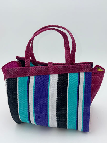 Lavender Medium  handwoven tote bag by SCRUBIES in Wine,Teal,Black,White with Stripes design and Bow accent pattern