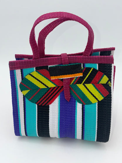 Lavender Medium  handwoven tote bag by SCRUBIES in Wine,Teal,Black,White with Stripes design and Bow accent pattern