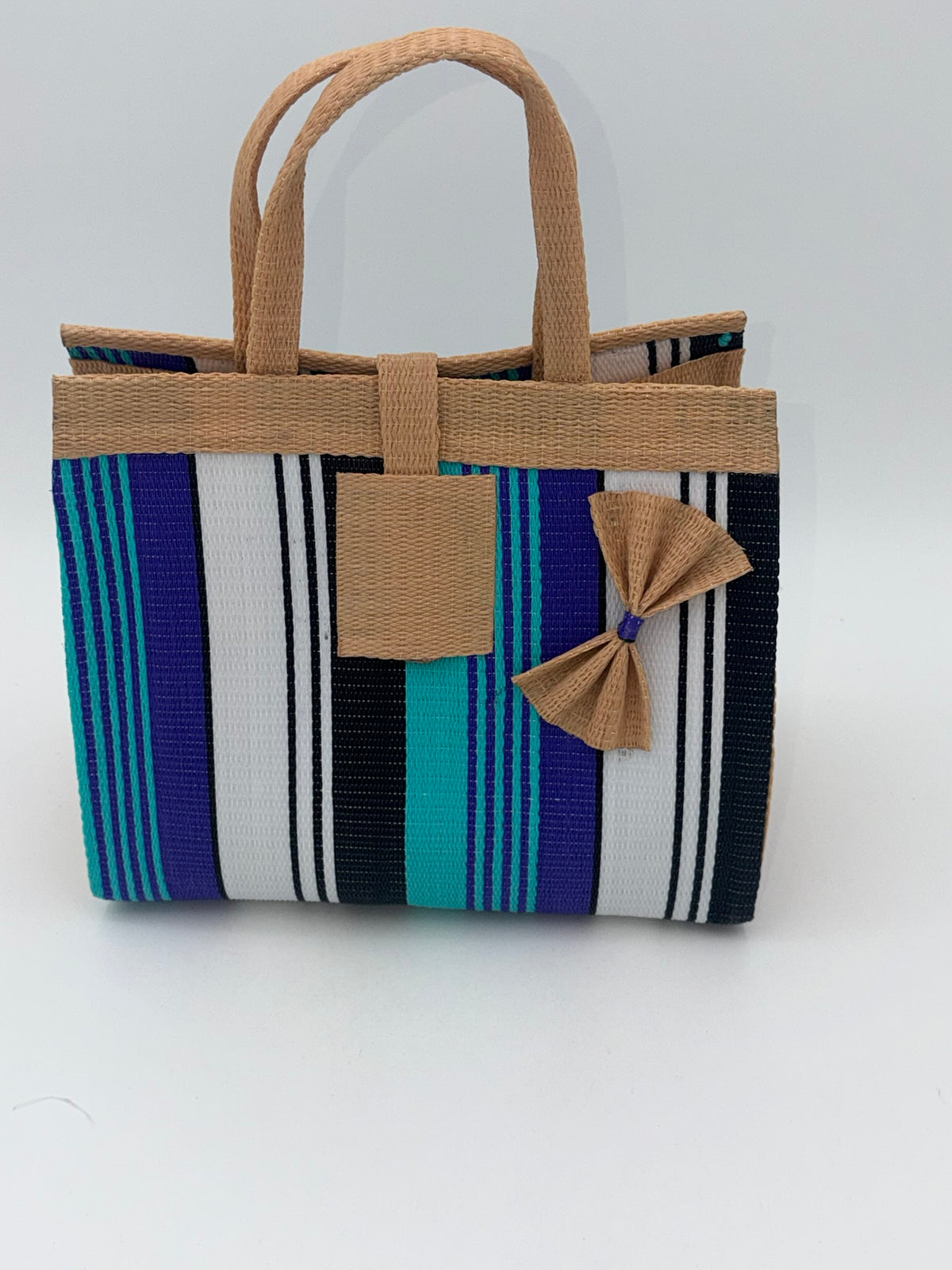 Lavender Medium  handwoven tote bag by SCRUBIES in Beige,Teal,White,Purple,Black, with Stripes design and 0 accent pattern