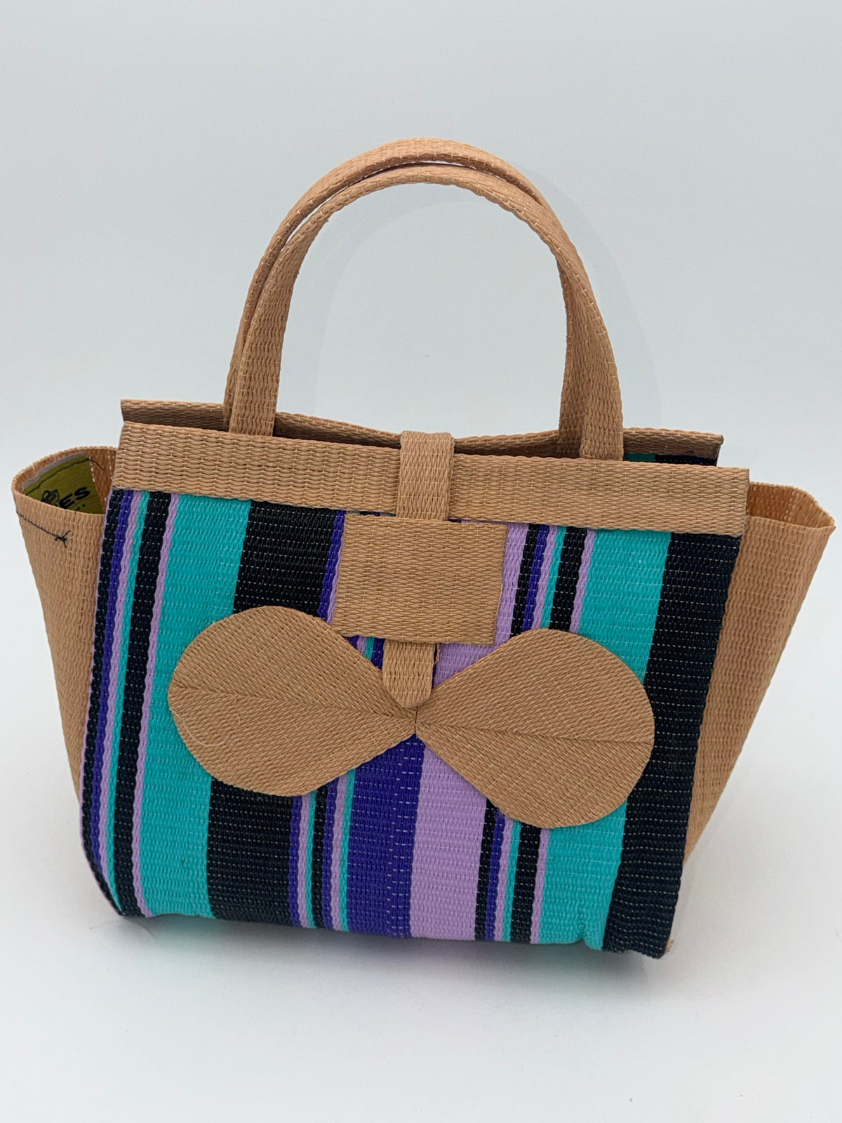 Lavender Medium  handwoven tote bag by SCRUBIES in Beige,Teal,Purple,Black with Stripes design and Bow accent pattern
