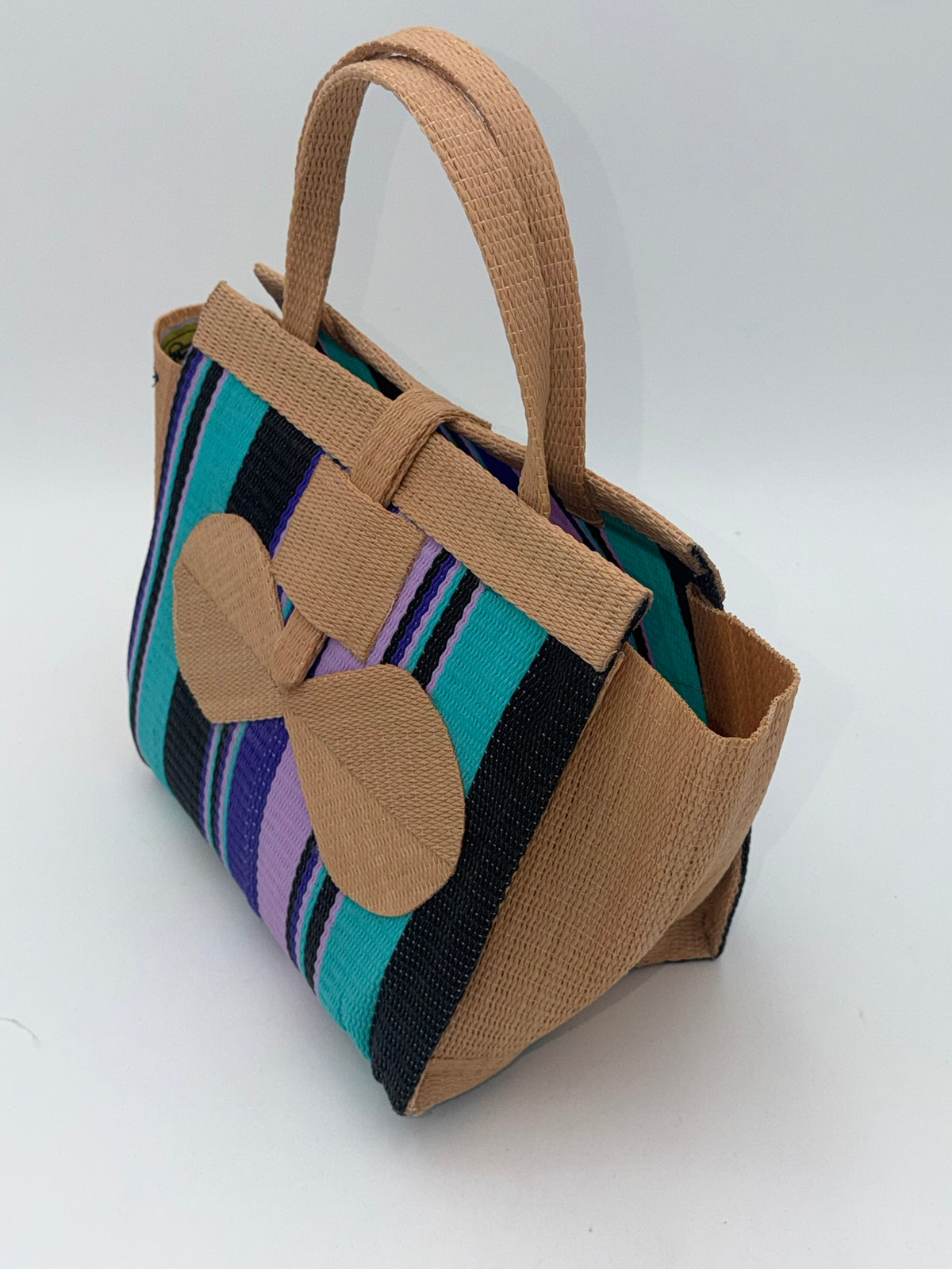 Lavender Medium  handwoven tote bag by SCRUBIES in Beige,Teal,Purple,Black with Stripes design and Bow accent pattern