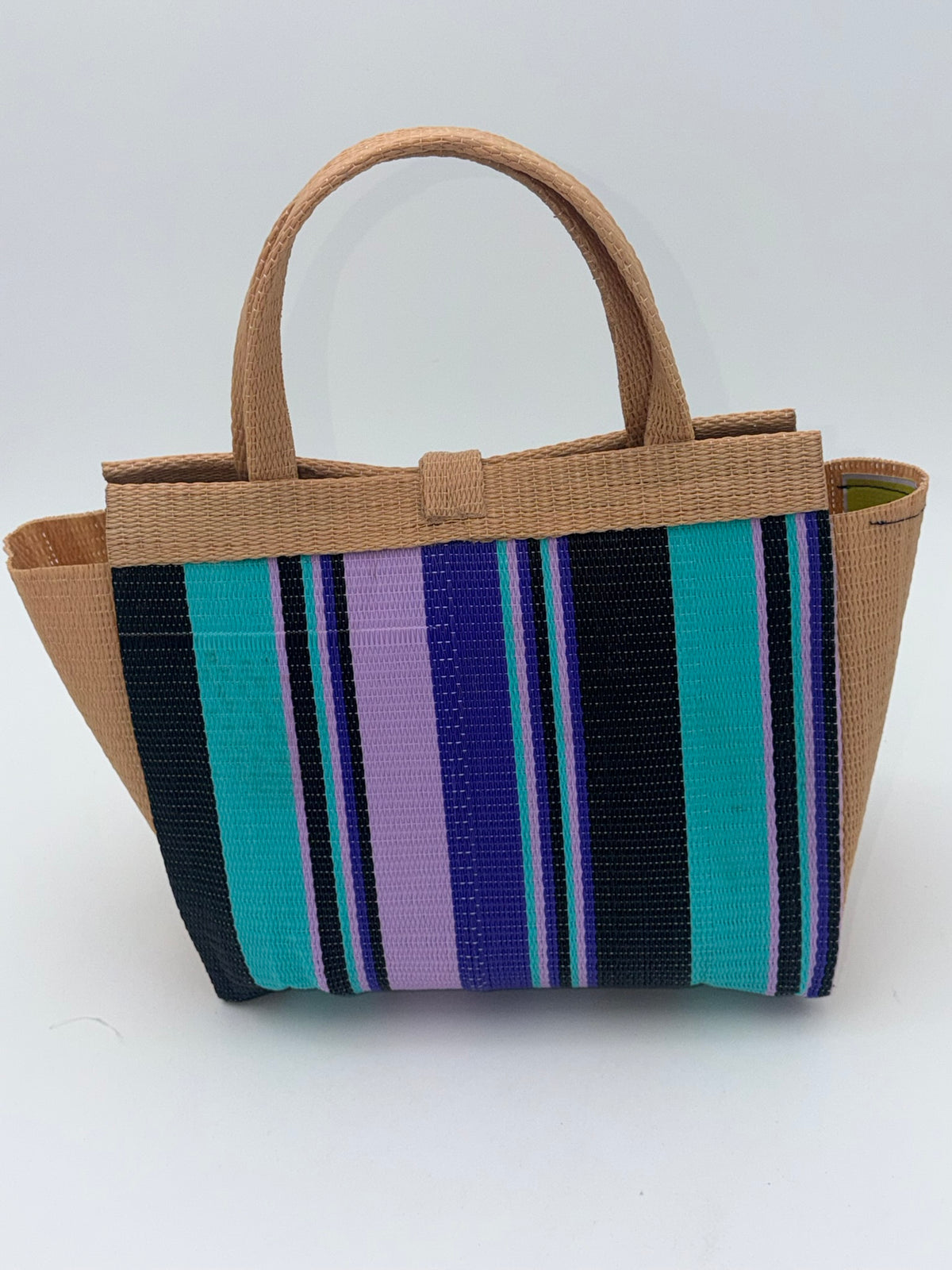Lavender Medium  handwoven tote bag by SCRUBIES in Beige,Teal,Purple,Black with Stripes design and Bow accent pattern