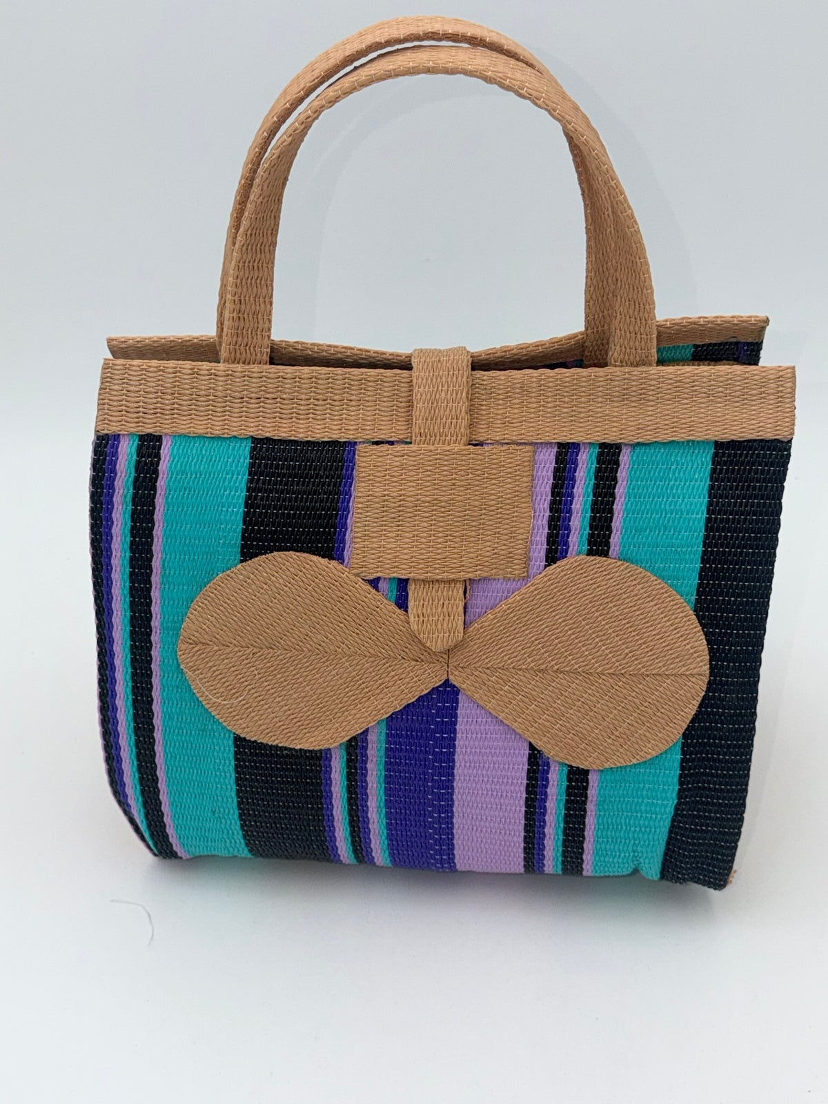 Lavender Medium  handwoven tote bag by SCRUBIES in Beige,Teal,Purple,Black with Stripes design and Bow accent pattern