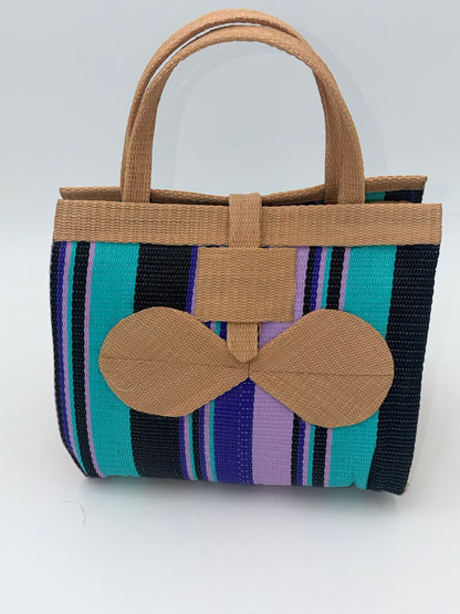 Lavender Medium  handwoven tote bag by SCRUBIES in Beige,Teal,Purple,Black with Stripes design and Bow accent pattern