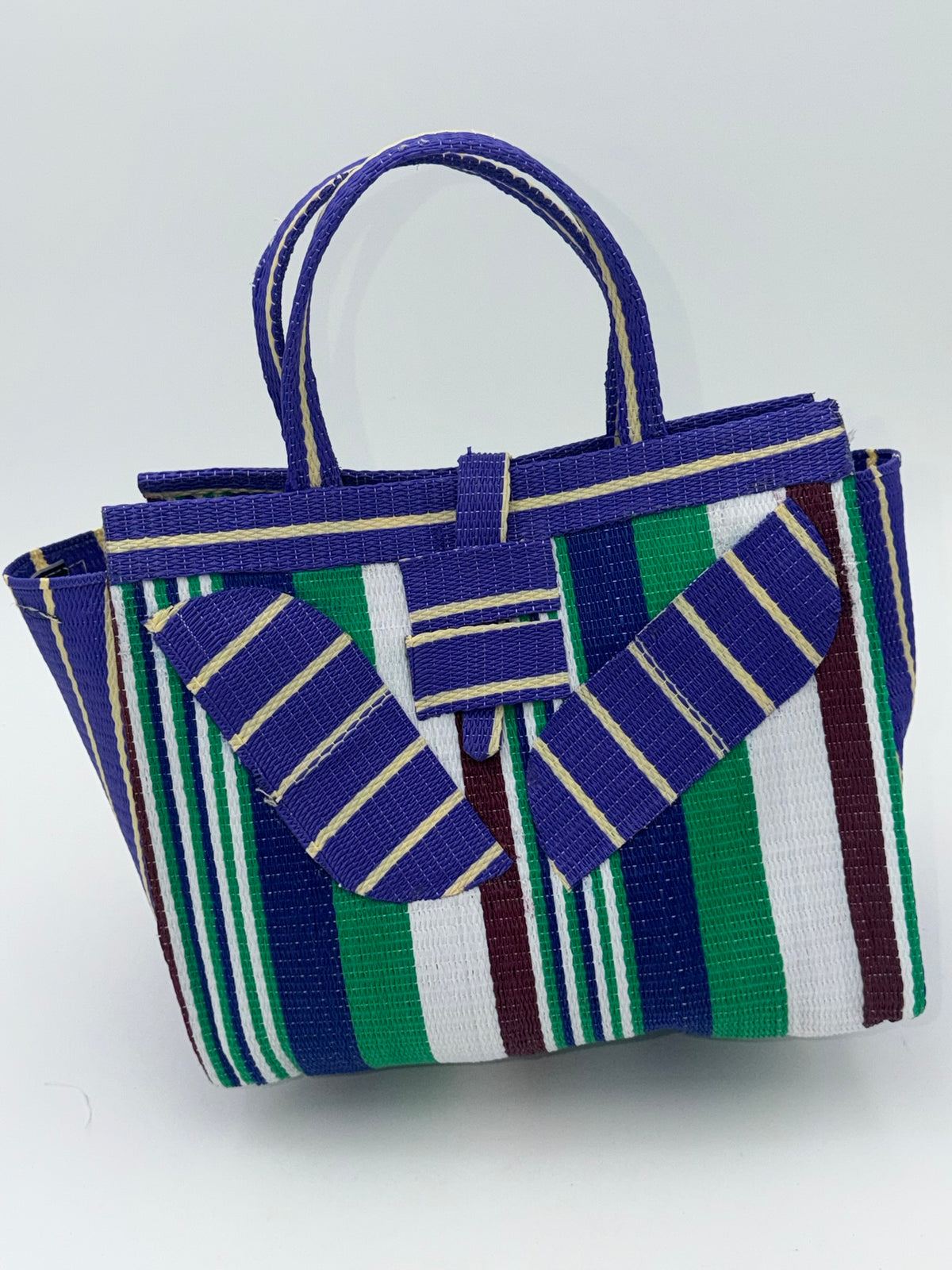 Lavender Medium  handwoven tote bag by SCRUBIES in Purple,Green,White, with Stripes design and Leaf accent pattern