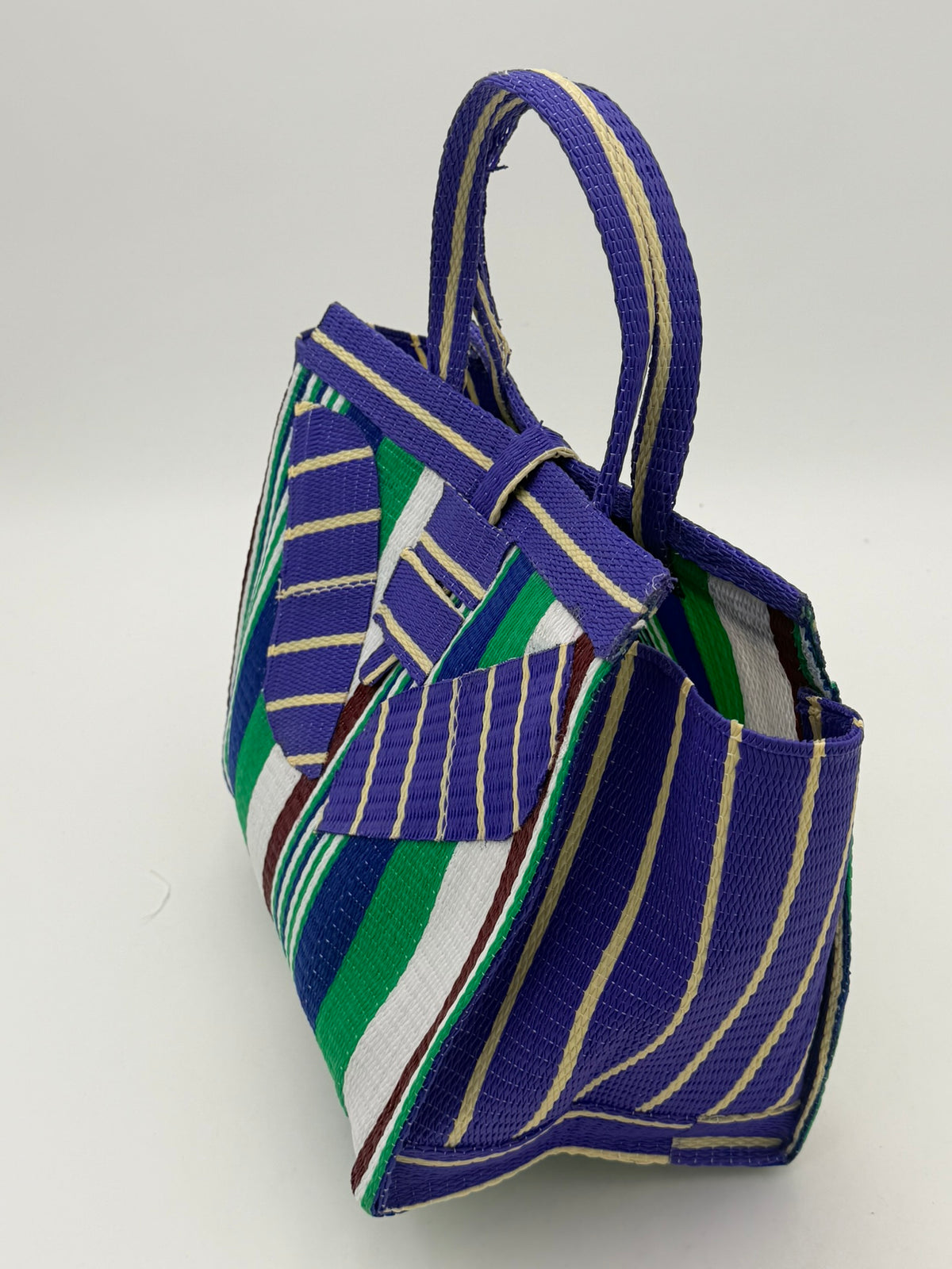 Lavender Medium  handwoven tote bag by SCRUBIES in Purple,Green,White, with Stripes design and Leaf accent pattern