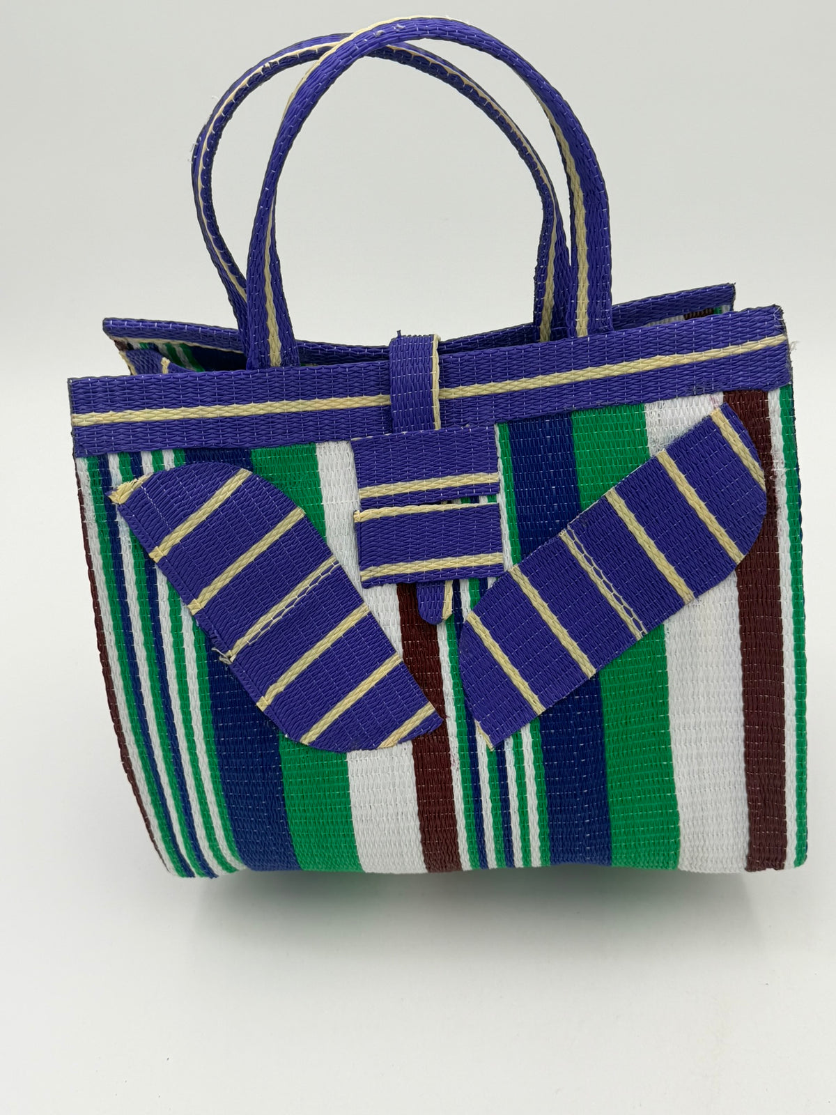 Lavender Medium  handwoven tote bag by SCRUBIES in Purple,Green,White, with Stripes design and Leaf accent pattern