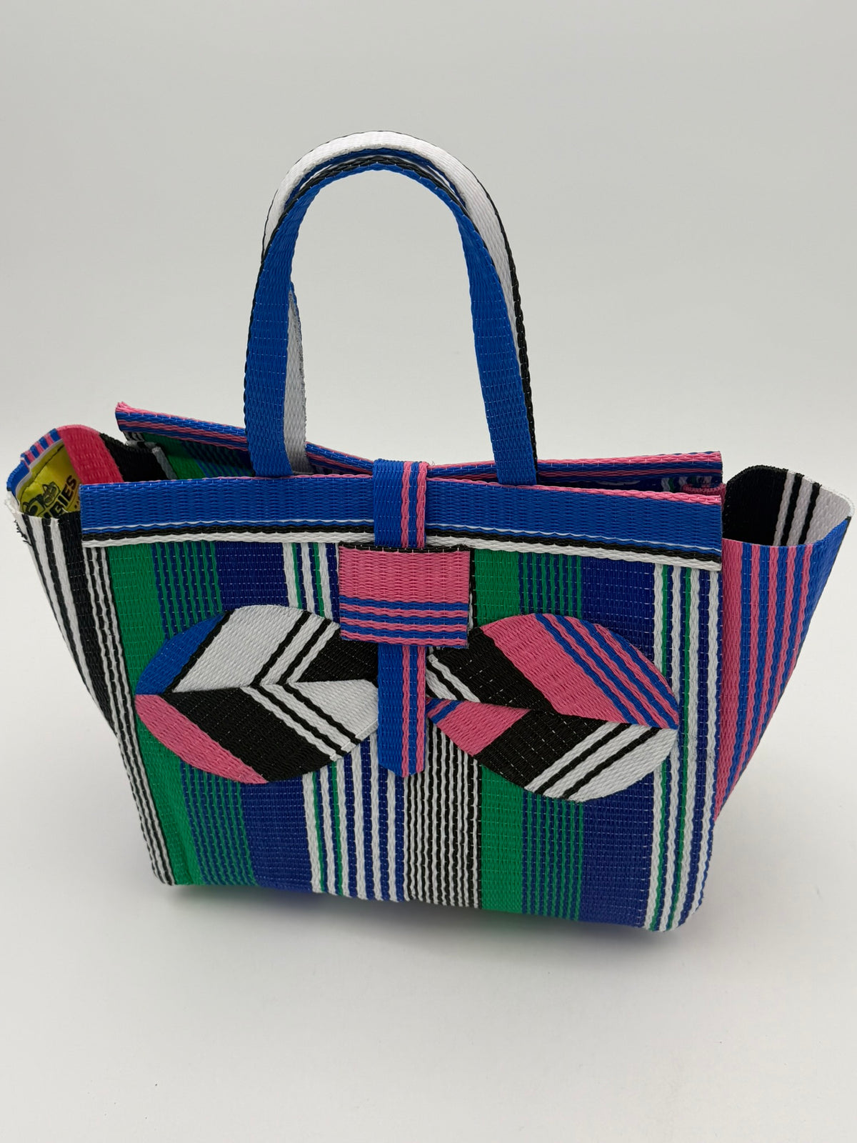 Emerald Medium  handwoven tote bag by SCRUBIES in Blue,Pink,White,Black with Stripes design and Bow accent pattern