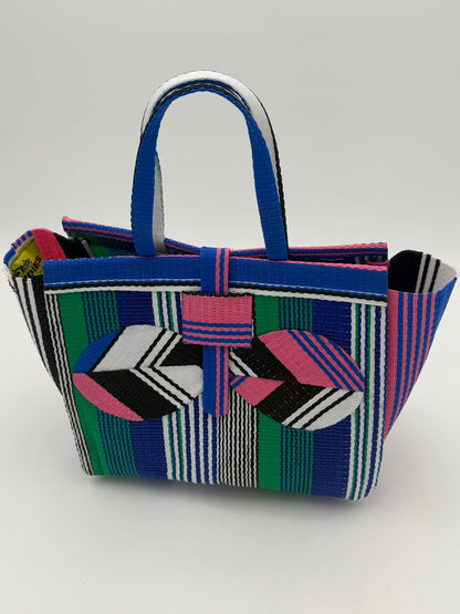 Emerald Medium  handwoven tote bag by SCRUBIES in Blue,Pink,White,Black with Stripes design and Bow accent pattern