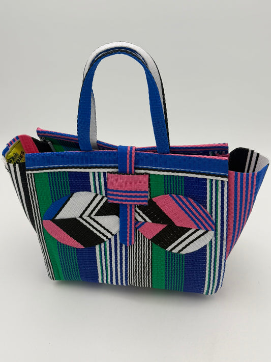 Emerald Medium  handwoven tote bag by SCRUBIES in Blue,Pink,White,Black with Stripes design and Bow accent pattern