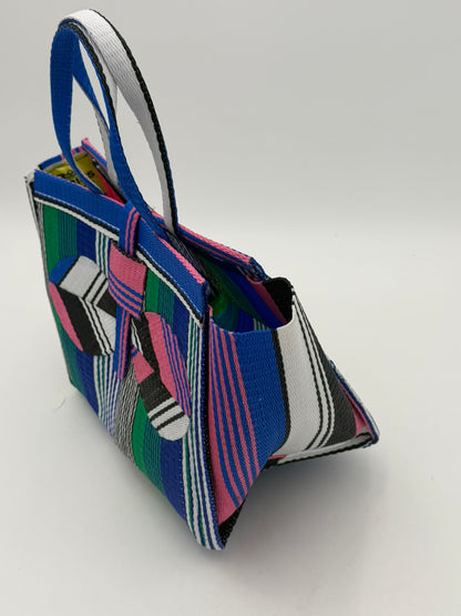 Emerald Medium  handwoven tote bag by SCRUBIES in Blue,Pink,White,Black with Stripes design and Bow accent pattern