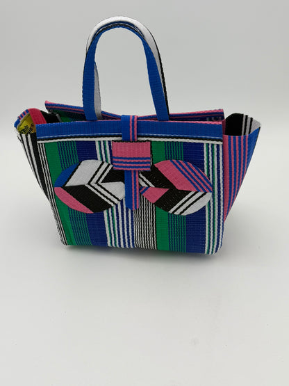 Emerald Medium  handwoven tote bag by SCRUBIES in Blue,Pink,White,Black with Stripes design and Bow accent pattern