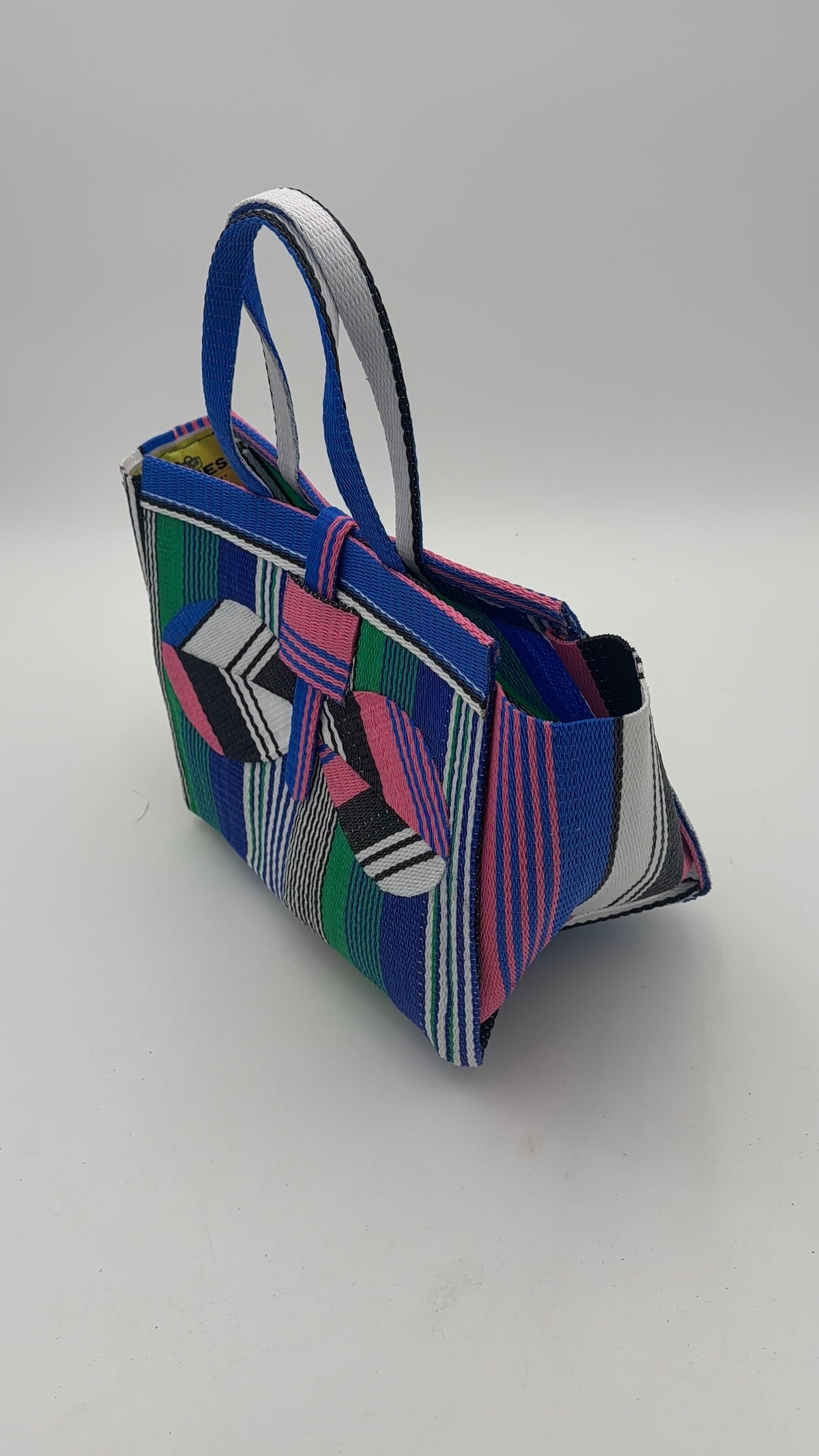 Emerald Medium  handwoven tote bag by SCRUBIES in Blue,Pink,White,Black with Stripes design and Bow accent pattern